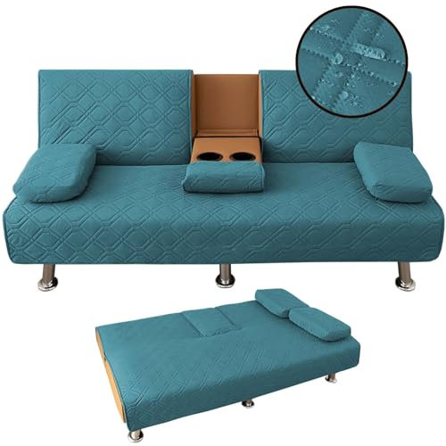 SYLC Wasserdichter 3er Sofa Bettbezug Mit Schlaffunktion, überwürfe Für Klappbares Schlafsofa Ausziehbar Mit 2 Abnehmbaren Armlehnen Und 1 Tassenhalter 168x81x74cm (Teal,1 Set)