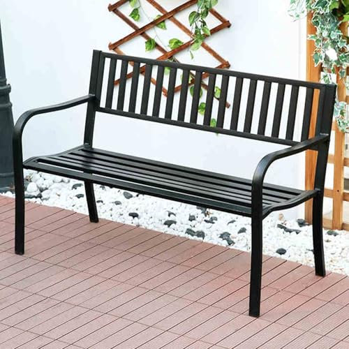 WPWSDWMX Metallbank, 2-Personen-Gartenbank mit Rückenlehne und Armlehnen, 300 kg Tragkraft, Gartenbank mit Geraden Beinen und Lattensitz, Parkbank für Rasen, Hof, Veranda(Black)