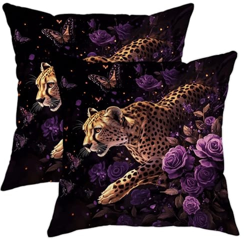 Set di 2 federe decorative con leopardo nero, motivo floreale viola, federe per cuscini autunnali, per casa, divano, camera da letto, decorazione 45,7 x 45,7 cm