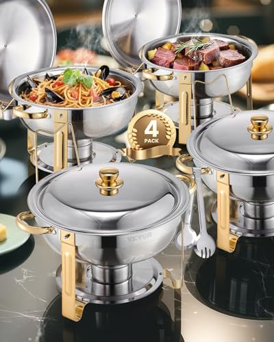 VEVOR Chauffe-Plat 4PCs 4,6 L, Buffet Chauffant Rond, Réchaud en Acier Inoxydable, avec 4 Bacs Pleine Grandeur, Couvercle et Pince, pour Buffet Libre-Service Banquet Hôtel Traiteur Restauration