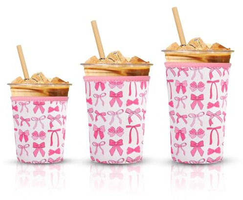 3 Pack Reusable Insulated Thicken Sleeve for Iced Coffee Cup for Iced & Hot Drinks Pink Bow Design Neoprene Insulator Sleeve Compatible with Dunkin Starbucks Coffee Cup