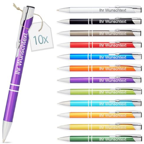 Kugelschreiber mit Gravur | personalisierter Stift mit Wunschtext | blaue Mine | Werbegeschenk & Werbeartikel | personalisierte Kulis für Hochzeit, Büro & Schule (Lila, 10 Stück)