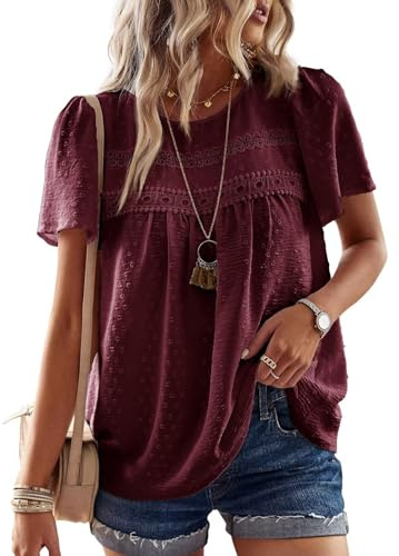 TUUHAW Femme Chemisier Boho Blouse Manches Courtes Col Rond Tunique Fluide | Dentelle T-Shirt, Décontracté Tops, Chemise Chic et Élégant, Été Fluide Hauts, Confortable T-Shirt, Vacances Formel Blouse