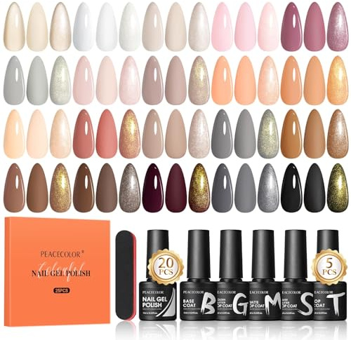 PEACECOLOR 25 Stück UV Nagellack Set, Weiß Nude Rosa Braun Schwarz Grau Gelnägel Farben, Unterlack, Glänzender & Matte Überlack, Silber & Gold Glitzer Überlack, Nagellack für Design, 7ML
