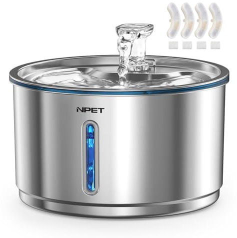 NPET Stainless Steel Cat Fountain, 1Gallon/4L Automatic Pet Drinking Fountain Dog Water Dispenser with 4 Replacement Filters for Cats Indoor
