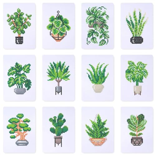 Nianxi 12Pcs Plant Mini Diamond Painting Kits for Adults,Potted Plant Small Diamond Art Kit Full Round Drill,Gem Art for Beginner,Gifts,Home Wall Decor