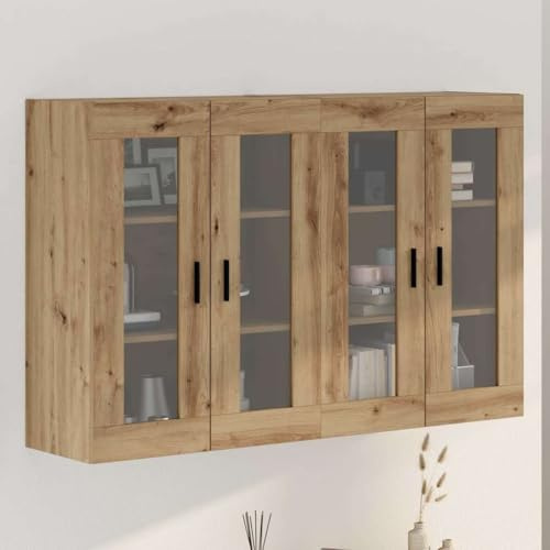 HETFTJN Wandmontierte Vitrine Eiche handwerklich 69,5x34x90 cm mit Glastüren und Regalböden für Esszimmer Küche Flur
