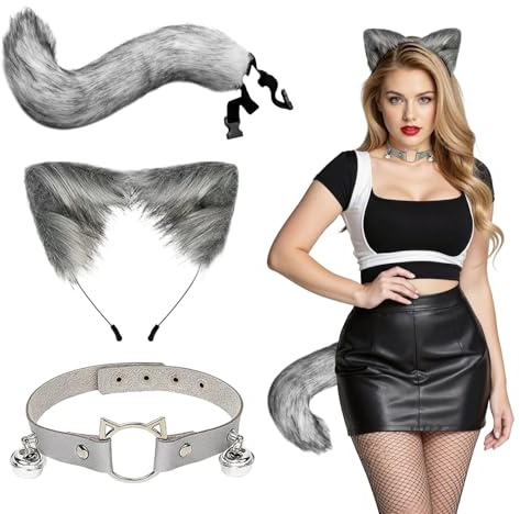 Orizizhic Kunstpelz Wolf Fuchs Fellschwanz Ohren Stirnband und Halskette Set für Frauen, Wolfsohren Wolf Kostüm Kopfbedeckung Accessoire für Karneval