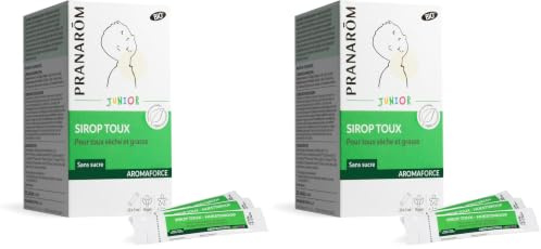 PRANARÔM - Aromaforce Junior - Sirop Toux Sèche Et Grasse Enfant - Aux Huiles Essentielles - 100% Bio - Vegan - Sans Sucre - Sans Gluten - Dès 2 Ans - Format Stick Nomade - Goût Vanille - 20 x 5 ml