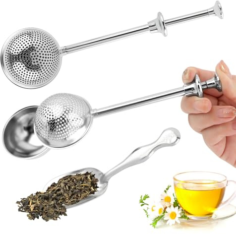 2Pcs Flour Sifter for Baking,Powdered Sugar Fine Mesh Shaker Duster Sifter Stainless Steel,with 1 Tea Scoop,Spring-Operated Handle Tea Strainer for Baking,Sifting Sugar,Flour,Spices,Herbs,Easy to Use