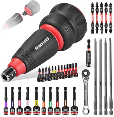 Geinxurn Juego de destornilladores de 35 piezas con mango corto 2 en 1 de carraca, punta de destornillador de impacto, mini llave de carraca, llave universal, portapuntas y llave de tubo
