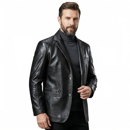 HESYSUAN Blazer de cuero para hombre, estilo casual, con solapa, suave, ajuste regular, 2 botones y bolsillos