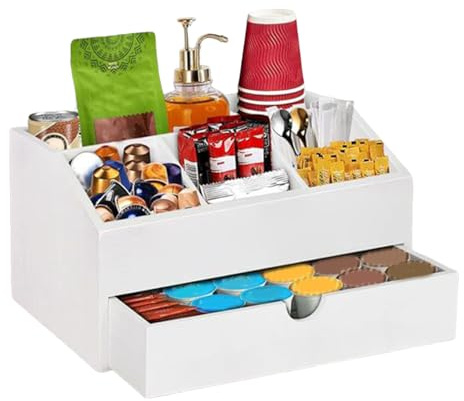 Coffee Station Organizer - 12.2 Capacity Wood Sugar Pack Holder | Coffee Capsule Storage Organizer with Bar Design, Wood Worktop for Home Apartment