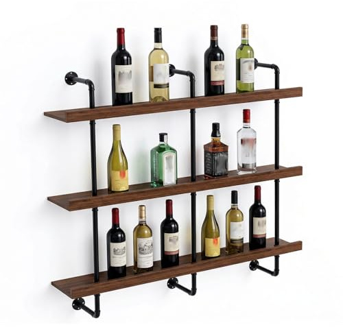 MBBTAG Porte Bouteille Mural Industrielle 2/3 Niveaux, Planche en Bois + Cadre MéTallique, Range Bouteille vin Mural, Rangement Bouteille pour Bar, Bouteilles, Livres, Cuisine, Salon(120x110cm)