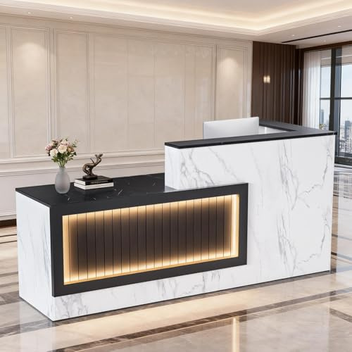L-förmiger Empfangstisch mit LED & Abschließbaren Schublade & Ablagefächern, Empfangstheke Empfangstresen mit Offenen Regalen & Tastaturablage, Moderne Rezeptionstisch aus Holz für Büro, Lobby, Salon