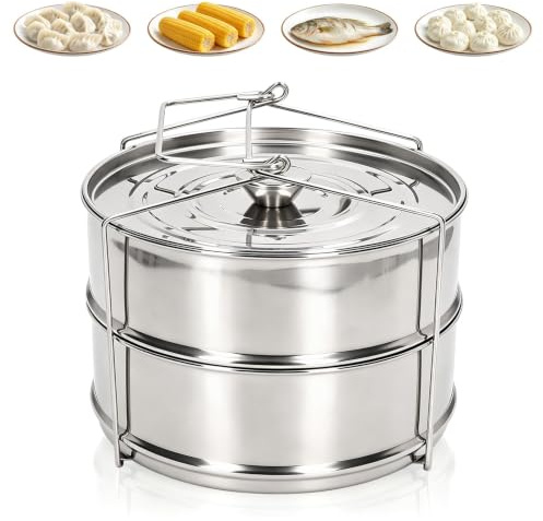 Stainless Steel Steam Pot, 2 Tier Stackable Steaming Pot Cookware with Lid, Stackable Steamer Insert Pans Steamer Cooker Pot Set Cook Food Pressure Pot Accessories for Kitchen Cooking