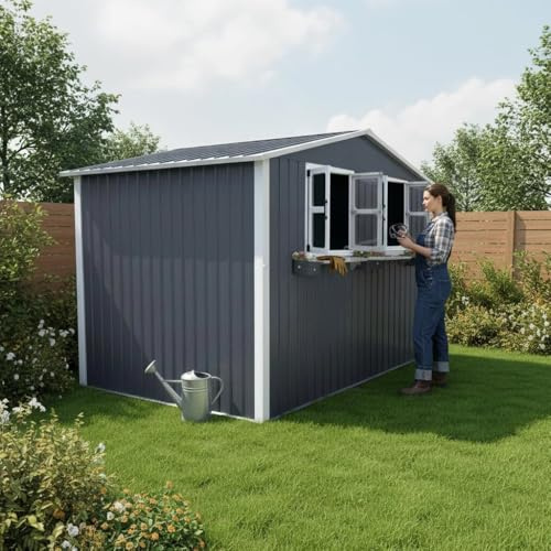 Caseta de jardín de acero galvanizado de 4,33 m² con dos ventanas dobles que se pueden abrir, puertas dobles con cerradura y estante decorativo para flores, gris antracita