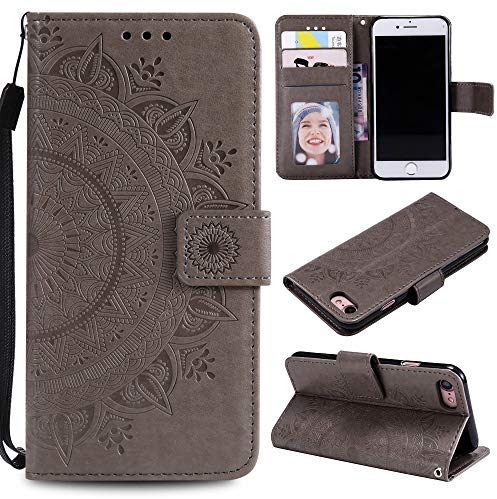 CoverKingz Handytasche kompatibel mit iPhone 7/8/SE [2020/2022] - Handy Case mit Kartenfach Handyhülle – Flipcase klappbar Motiv Mandala Grau