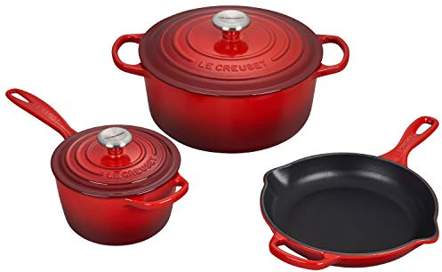 Le Creuset Signature Cerise Enameled Cast Iron 5 Piece Cookware Set with Stainless Steel Knobs