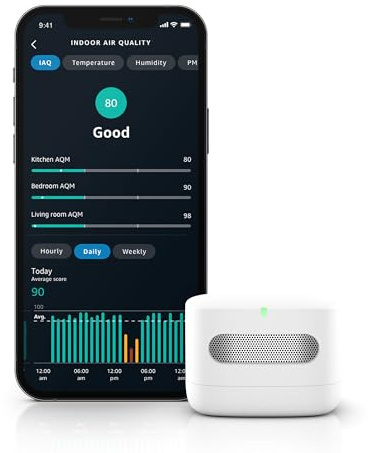 Amazon Smart Air Quality Monitor, Detects temperature, humidity, carbon monoxide, PM2.5 and VOCs, Get notifications when air quality drops, Works with Alexa