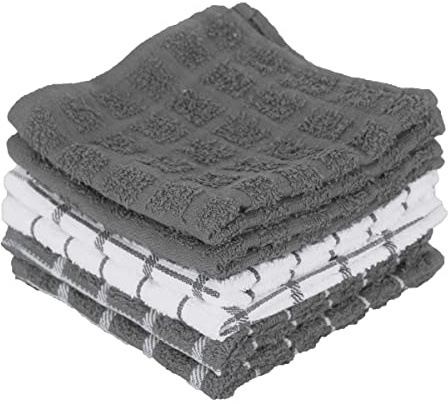 Ritz Terry Check Dish Cloth Set: Highly Absorbent & Super Soft - 100% Cotton, Durable Kitchen Cleaning Cloths for Wiping Tables and Counters, 6-Pack, Gray