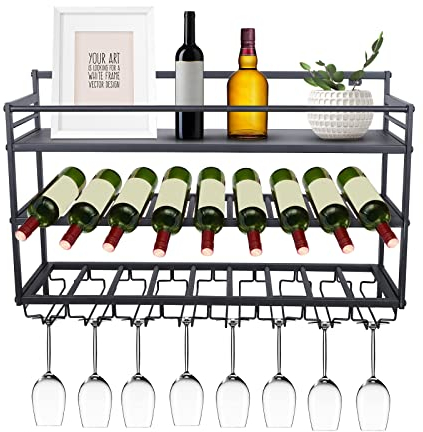 TIXBYGO Portabottiglie di vino moderno da parete in metallo, portabottiglie con supporto per bicchieri, dimensioni: 80 x 25 x 55 cm