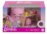 Barbie Pack Accesorios - Tema de relajación - Manta suave, cojín de silla, gatito, vaso, vaso y mesa de café