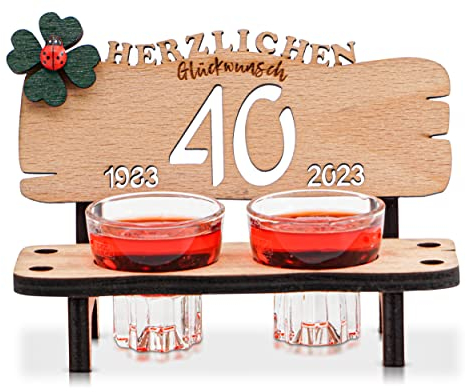 DARO Design - Schnapsbank Jahreszahl 40 Jahre Holz 2 Schnapsgläser Kleeblatt Jahrestag Geburtstag Hochzeitsgeschenk Jubiläum Geschenk 2025
