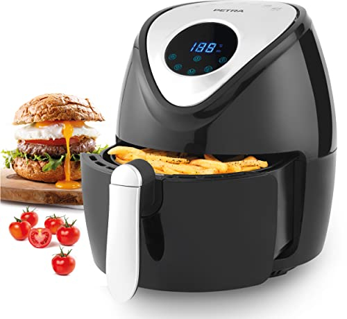 Petra PT4221VDEEU7 Freidora De Aire Eléctrica Sin Aceite, Convección de Aire Caliente, 4,5 Litros, Recipiente Antiadherente, Temporizador De 30 Minutos, 7 Funciones, Pantalla Táctil, 1300 W, Negro