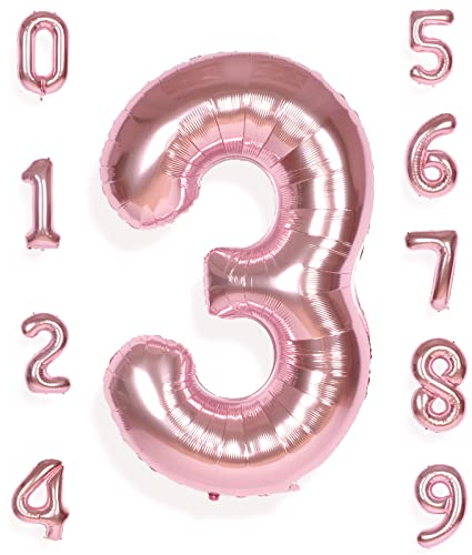 AULE Luftballon Zahl 3 Rosegold: XXL 101 cm Zahlen Folienballon Geburtstag Rose Gold 3 Jahre Helium Ballon Roségold Kinder Junge Mädchen Zahlenballon für Babyparty Jubiläum Deko