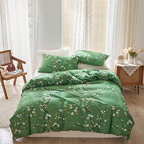 OLDBIAO Bettwäsche 200x220 cm Set, Grün Mikrofaser Bettbezug 200x220cm und Kissenbezüge 80x80cm, Ästhetisch Blume Zweig Design, Chic Bettdecke Cover mit Reißverschluss für Doppelbett