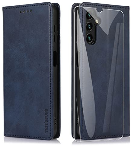 THIYUFUNS Cover a Libro in Pelle Samsung Galaxy A14 4G / 5G con Vetro Temperato,Custodia PU Portafoglio Flip Magnetica Wallet Per Samsung Galaxy A14 4G / 5G - Blu