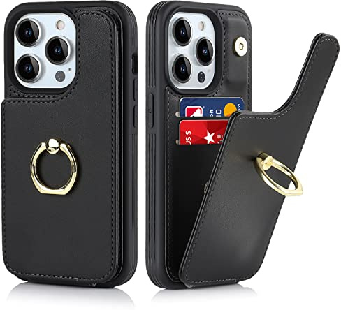 Cavor iPhone 13 Pro Max Case With Card Holder,iPhone 13 Pro Max Phone Case,Flip Folio Leather Wallet Case,Magnetic Ring Kickstand Shockproof Cover Case for iPhone 13 Pro Max - Black