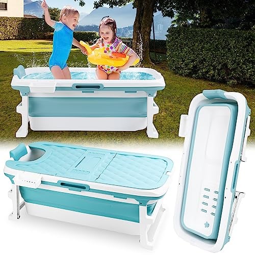 Izrielar Faltbare Badewanne für Erwachsene mit Massage-Rollen, Nackenkissen, Seifenkorb und abnehmbarem Deckel, foldable bathtub für Badezimmer, Dusche und Balkon, 149 * 60 * 50cm