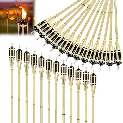 JOIEYOU Gartenfackeln aus Natur Bambus für draußen 24 Stück Ölfackeln Stimmungsvolle Fackeln mit Docht Deko Öllampe Wegleuchte Höhe: 90 cm