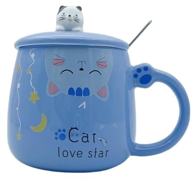 Tasse à café en céramique avec couvercle et cuillère, tasse à café, tasse à thé, tasse à eau, 450 ml, décoration chat mignon, cadeau pour mère, petite amie, Noël, cadeau d'anniversaire, bleu