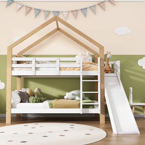 Merax Kinderbett Hochbett 90 x 200 cm, Etagenbett mit Leiter udn Rutsche, Hausbett mit Rausfallschutz und Zwei Lattenrost, Stockbett für 2 Kinder, Bettrahmen aus Massivholz, Jugendbett, Weiß+Natur