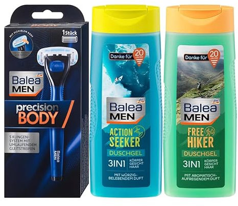 Balea MEN 3er-Set Körperpflege: Rasierer PRECISION BODY komfortable Rasur für empfindliche Körperstellen + Duschgel FREE HIKER 3in1 für Gesicht, Körper, Haar mit aromatischem Duft, 2 x 300 ml (600 ml)