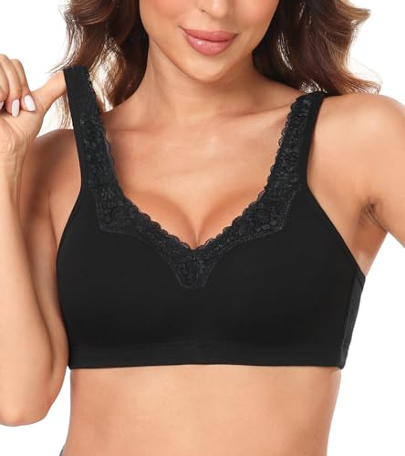 Lemorosy Women's Plus Size Wireless Non-Padded Lace Cotton Bra | Full Coverage,Adjustable Straps,Everyday Comfort