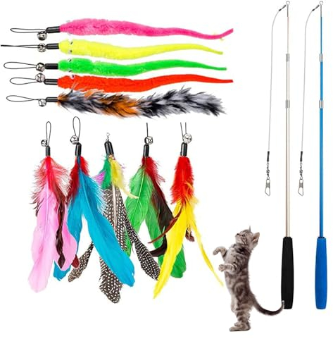 Katzenangel Stabil mit Federn, 1 Set Katzenspielzeug-Stab, Katzenspielzeug Angel mit Federn, Kätzchen Zauberstab Spielzeug mit 2 Versenkbare Katzenangel und 10 Ersatz mit Glocken für Katzen und Katzen