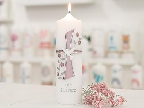 meinkerzenshop® Taufkerze ALVA personalisiert mit Name und Datum, individuell und mit Echtwachs handverziert für Junge und Mädchen