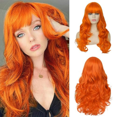 Salaibs Frauen Orange Lange Lockige Perücke mit Pony Wellige Welle Synthetische Hitzebeständige Faser Haar Perücke Cosplay Kostüm Halloween Perücken