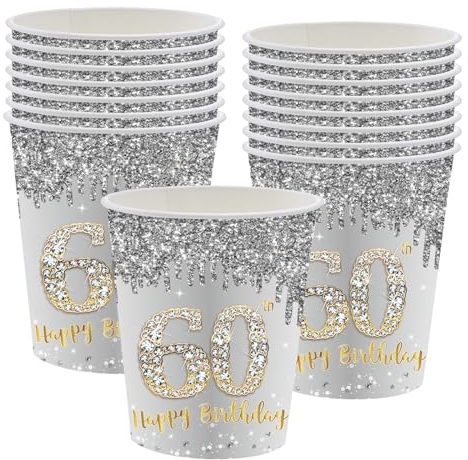 16Pack Paper Cups 60th Birthday,Sliver and Gold 235ml Paper Sliver Gold Cups Party Tableware for Girls,Kids,Her 60th Birthday Party Supplies Table Decorations