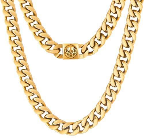 KRKC&CO 12mm Herren Panzerkette mit Totenkopf Verschluss, 18K Gold plattiert Cuban Link Chain, Edelstahl Miami Kubanische Gliederkette Goldkette, Hip Hop Halskette für Männer Jungen [Größe 55,9cm]