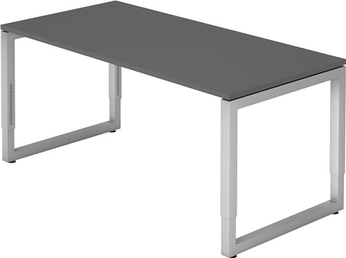 bümö höhenverstellbarer Schreibtisch R-Serie 160x80 cm in Graphit, Gestell in Silber - PC Tisch für's Büro manuell höhenverstellbar, Computertisch verstellbar