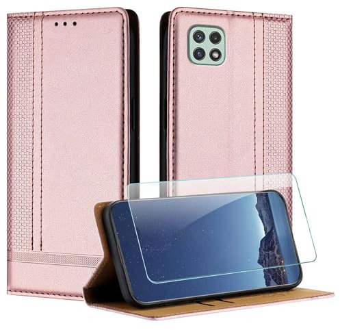 JayModCase Coque pour Samsung Galaxy A22 5G + Protecteur d'écran, Etui à Rabat Pochette de Portefeuille pour Samsung A22 5G avec [Fermeture Magnétique][Stand Fonction][Porte Cartes] - Or Rose