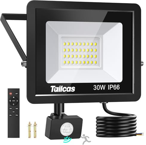 TailcasLED Security Lights Outdoor Motion Sensor 30W, 2700LM 6500K PIR Security Light with IR Remote Control, IP66 Waterproof Outdoor Lights Dimmable Floodlight for Garden Backyard