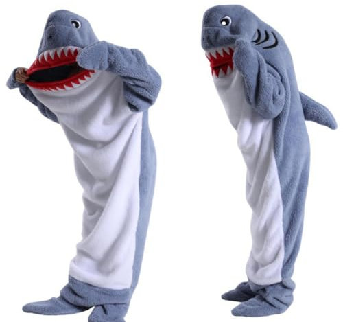 Yuragim Hai Decke, Wearable Shark Blanket Hai Decken Kapuzenpullover mit Ärmeln, Hai Decke zum Anziehen Shark Onesie Gemütlicher Superweicher Hai Schlafsack für Erwachsene und Kinder, Gray Blue