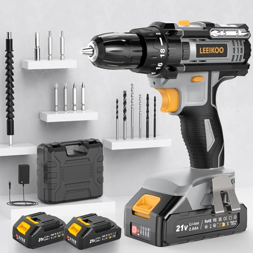 Avvitatore a Batteria, LEEIKOO Trapano Avvitatore Batteria 21V, Avvitatore Elettrico 42N.m con 2 Batterie da 2.0Ah, 2 Velocità, 18+1 Coppie, 14 Accessori, Luce a LED Per Fai da te, Casa e Giardino