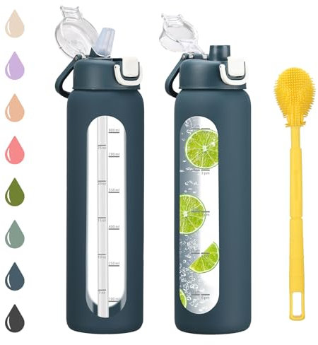 chunmo 32 oz Glass Water Bottles with 2 Lids-Handle Spout Lid & Straw Lid, 1 Liter Motivational Borosilicate Water Bottle with Time Marker and Silicone Sleeve,Leakproof-Dark Blue-1 Pack